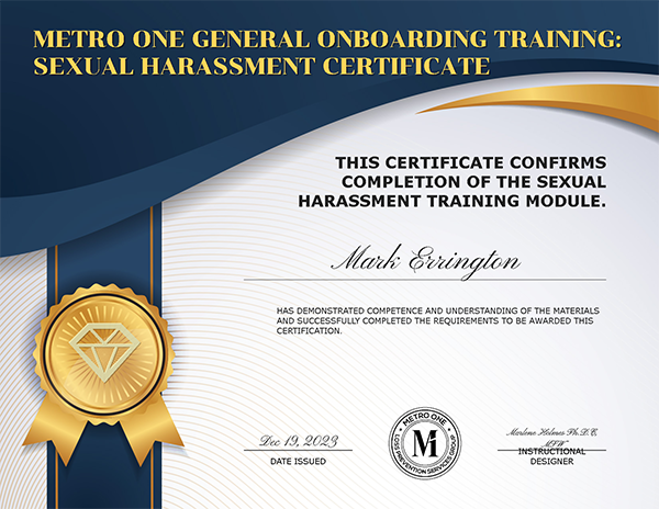 Metro One-General Onboarding Training Sexual Harassment Certificate